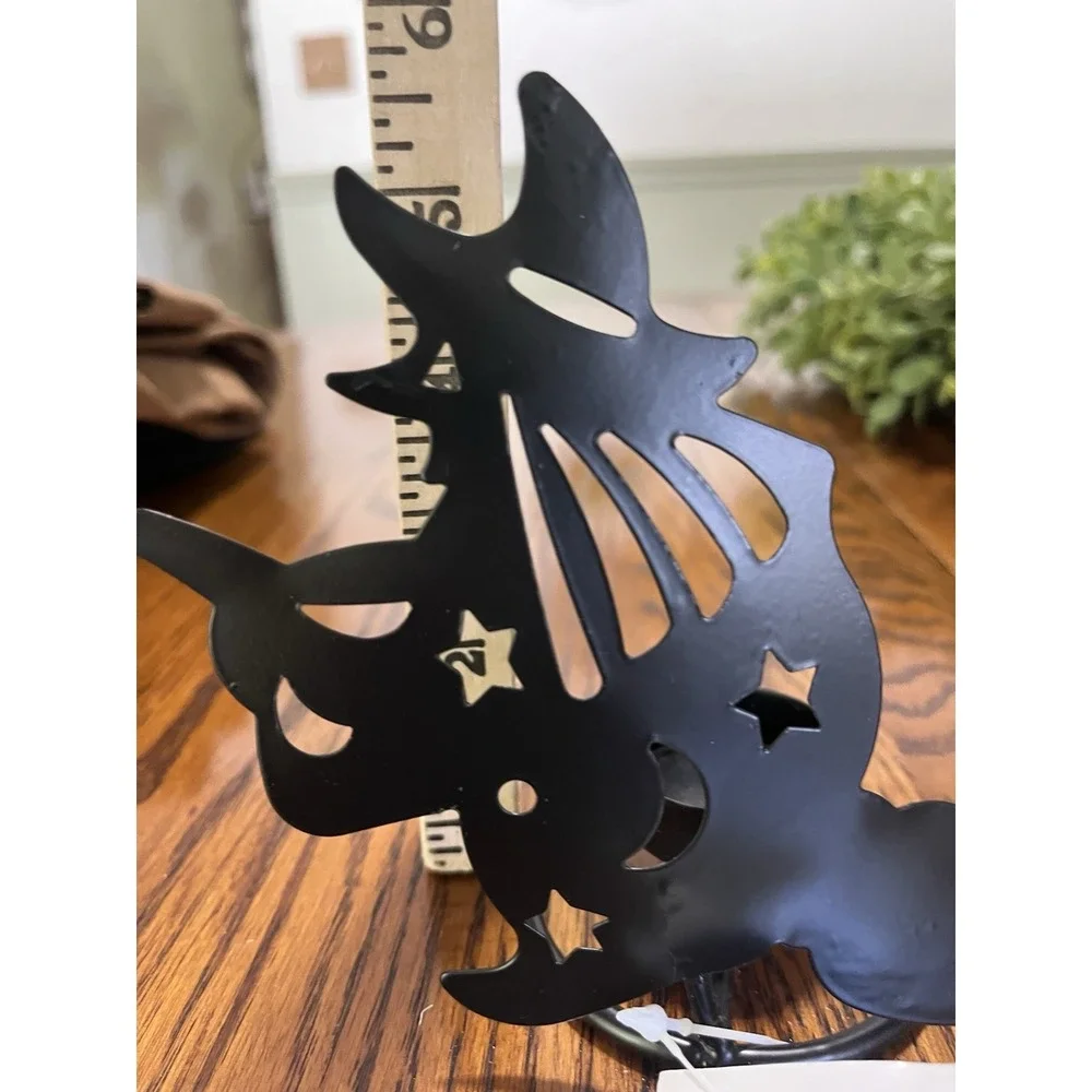 Metal Witch on Broom Tea Light Candle Holder Shadow Caster Halloween 2001